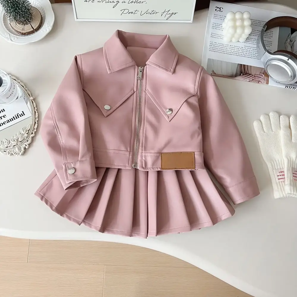 FORUBAZAAR Girls' Leather Coat Pleated Skirt 2024 Autumn New Korean Fashion Cool Casual Jacket Children's Motorcycle Clothing Pants Hoodie.Pink 6-7 Years