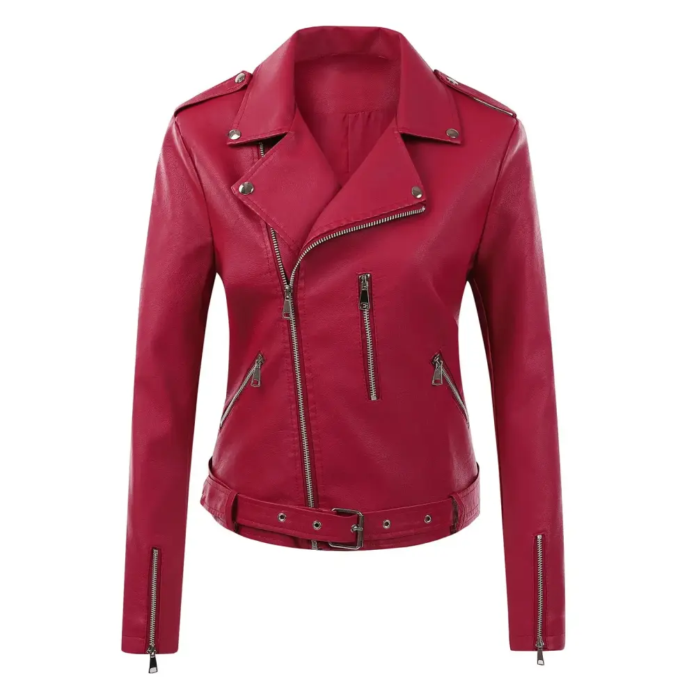 Fanxing Clearance Deals Women's Leather Motorcycle Jacket Trendy Fitted Fall Coats Zip Up Notched Collar Cropped Bomber Jackets Casual Outwear