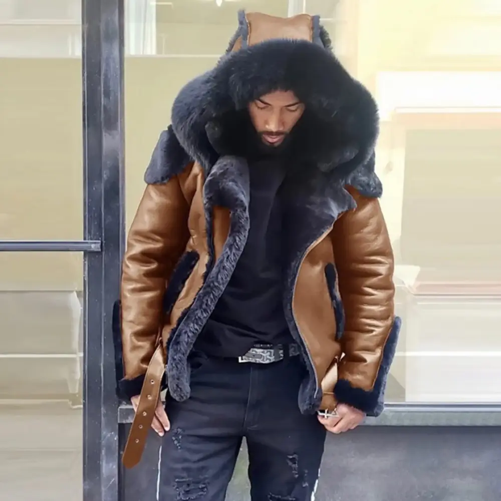 XMMSWDLA Sales Clearance Blousse for Men 4-color Leather Jacket Winter Hooded Coat Motorcycle Jacket Fashion