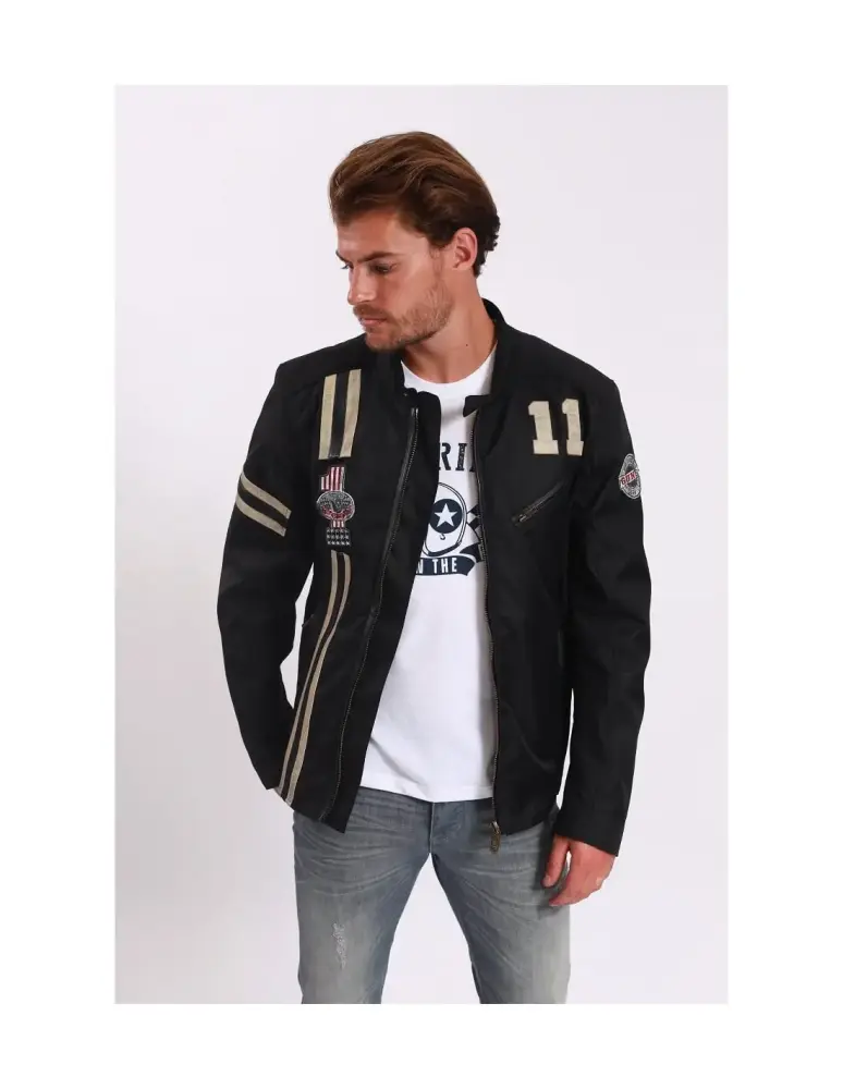 GALL CE Men's Black Leather Motorcycle Biker Rider Jacket with Print.