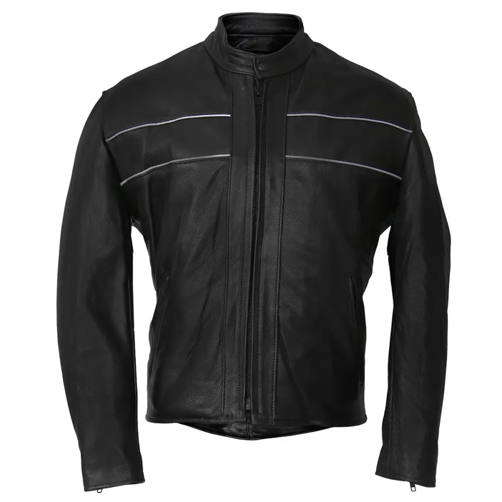 Hot Leathers JKM5003 Men's USA Made Premium Black Leather Motorcycle Jacket with Reflective Piping 46
