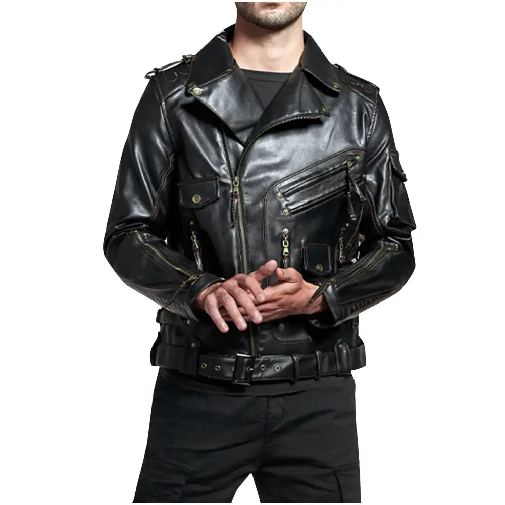 DLfVUB Men's Trendy Leather Jackets Slim Solid Color Long Sleeve Zip Up Lapel Jacket Coats with Zipper Pockets Winter Autumn Motorcycle Outwear Black L