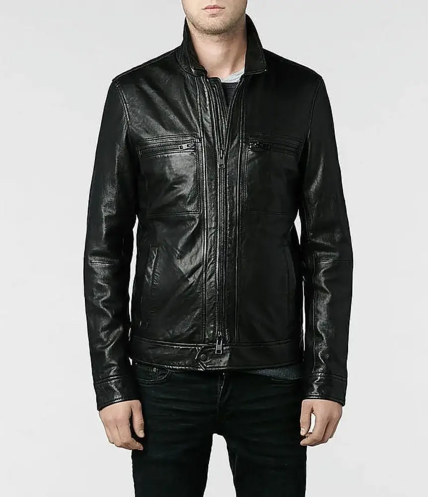 Noora Men’s Lambskin Leather Jacket Black | Classic Motorcycle Biker Fitted Leather Jacket with Band Collar