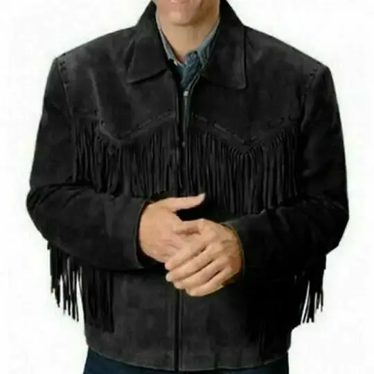 Noora New Men's 100% Lambskin Black Suede Leather Fringe Jacket With Zipper Designer 80's Style Leather Fringe Jacket SU0563