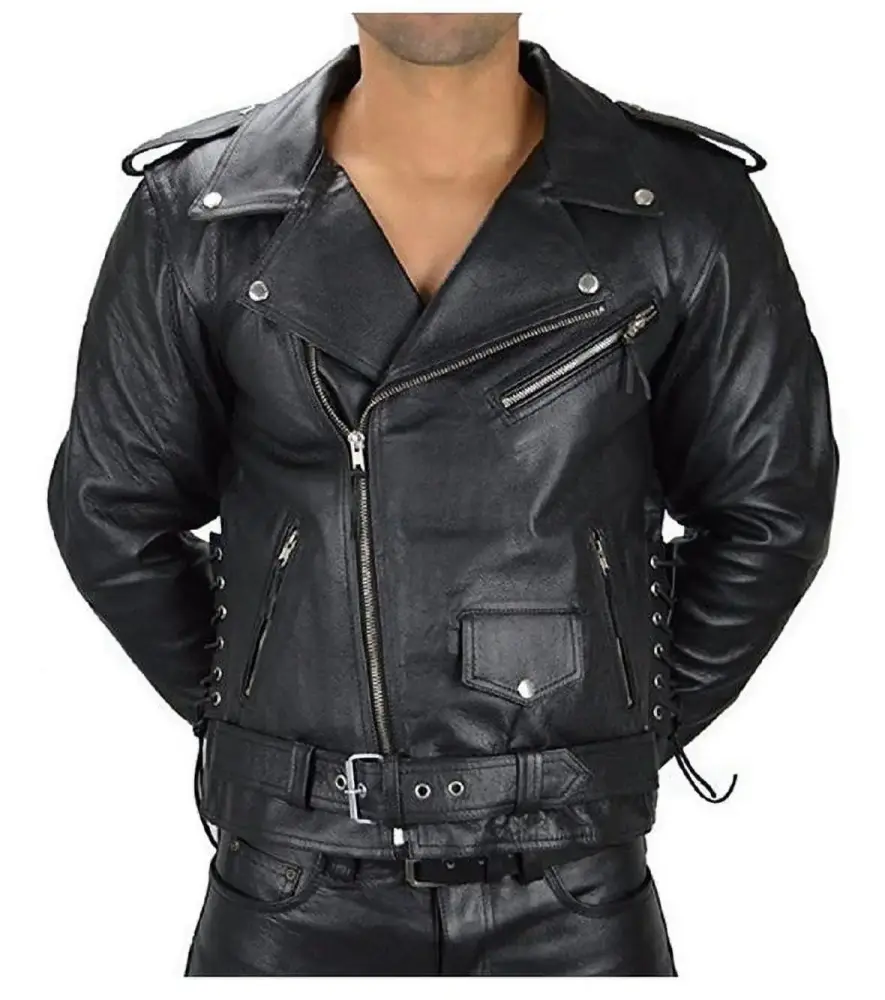 Biker Motorcycle Side lace-up Leather Jacket - MGW-12595