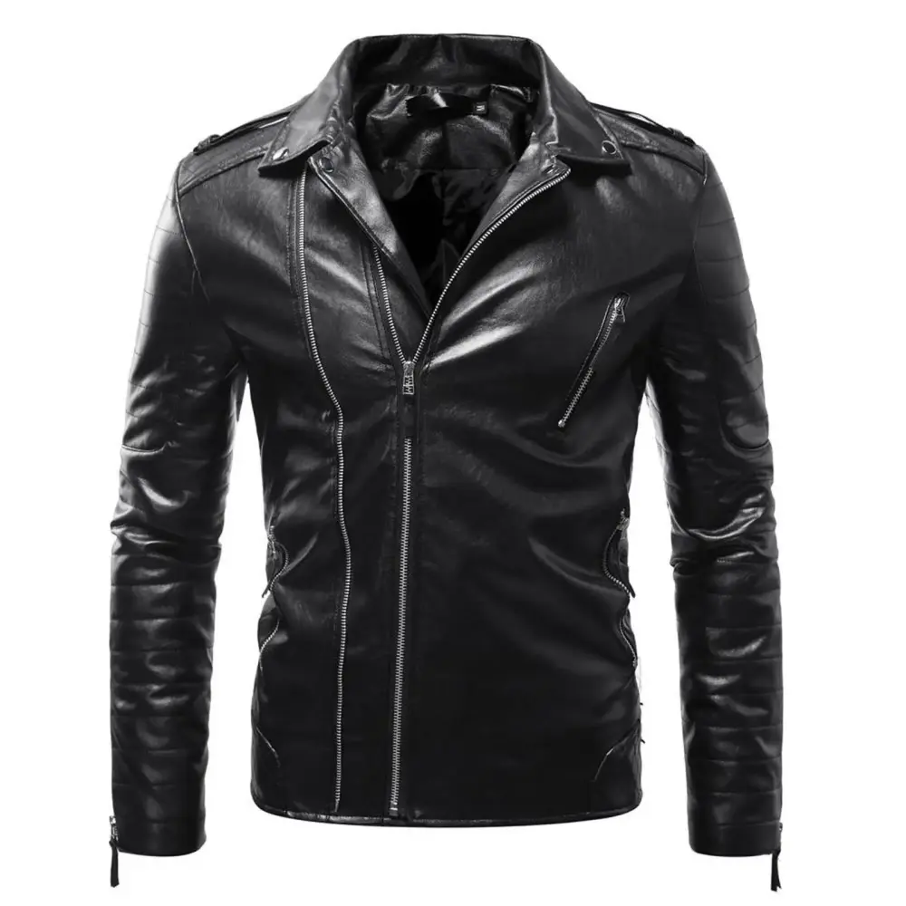 Aipewai Deals of Today Autumn Jackets for Men Long-sleeved Leather Motorcycle Jacket Zipper Long Sleeve Hoodless Coat Leather Outwear & Jackets