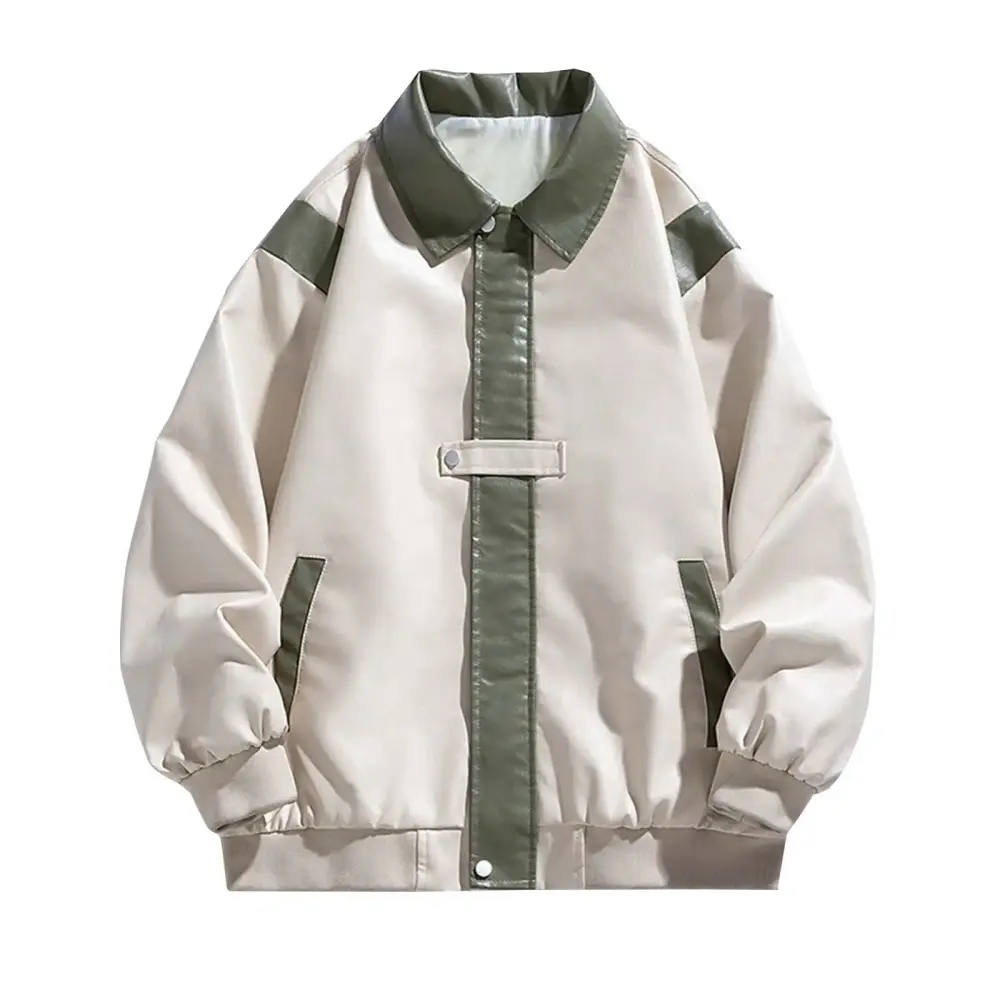CTPDG Men's Long Sleeved Pocket Color Blocking Button Lapel Zipper Leather Jacket Vintage Fashion Print Motorcycle Jacket Oversized Coat Beige XXL