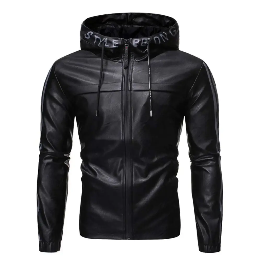 JUUYY Men's Casual Stand Collar Faux Leather Motorcycle Jacket with Hood Full Zip Up Moto Casual Solid Color Jackets Warm Outwear Black XXXXL