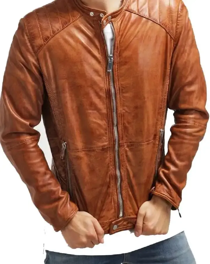 Men's Designer Biker Style Tan Color Zipper Genuine Leather Jacket SouthBeachLeather