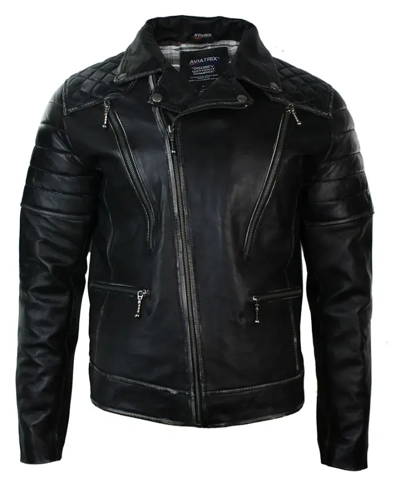Mens Punk Rock Real Leather Cross Zip Biker Jacket Vintage Retro Effect