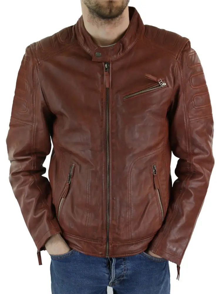 Men's Tan Brown Short Biker Leather Jacket TruClothing - MGW-11929