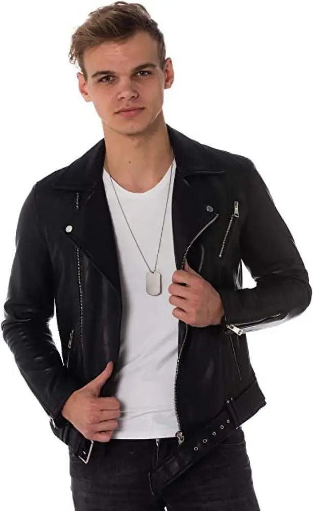 SkinOutfit Men Leather Jacket Genuine Lambskin Casual Biker Motorcycle Coat Outerwear 72 XS Black