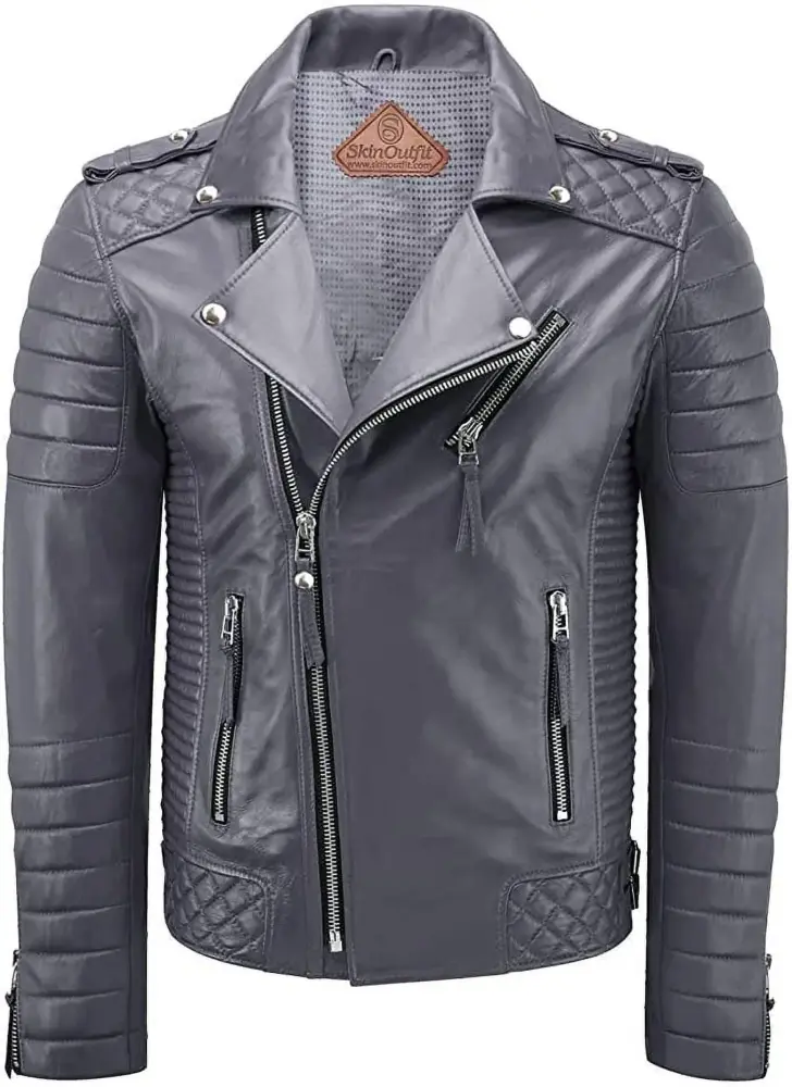 SkinOutfit Men's Motorcycle Leather Jacket Genuine Lambskin Caf�� Racer Biker Outerwear XS Gray