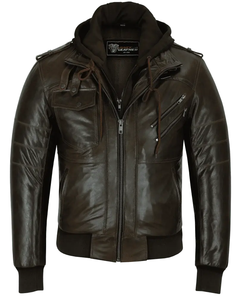 Vance Leathers' Men's Sven Bomber Black Waxed Premium Cowhide Motorcycle Leather Jacket with Removeable Hood (X-Large. Chocolate Brown)