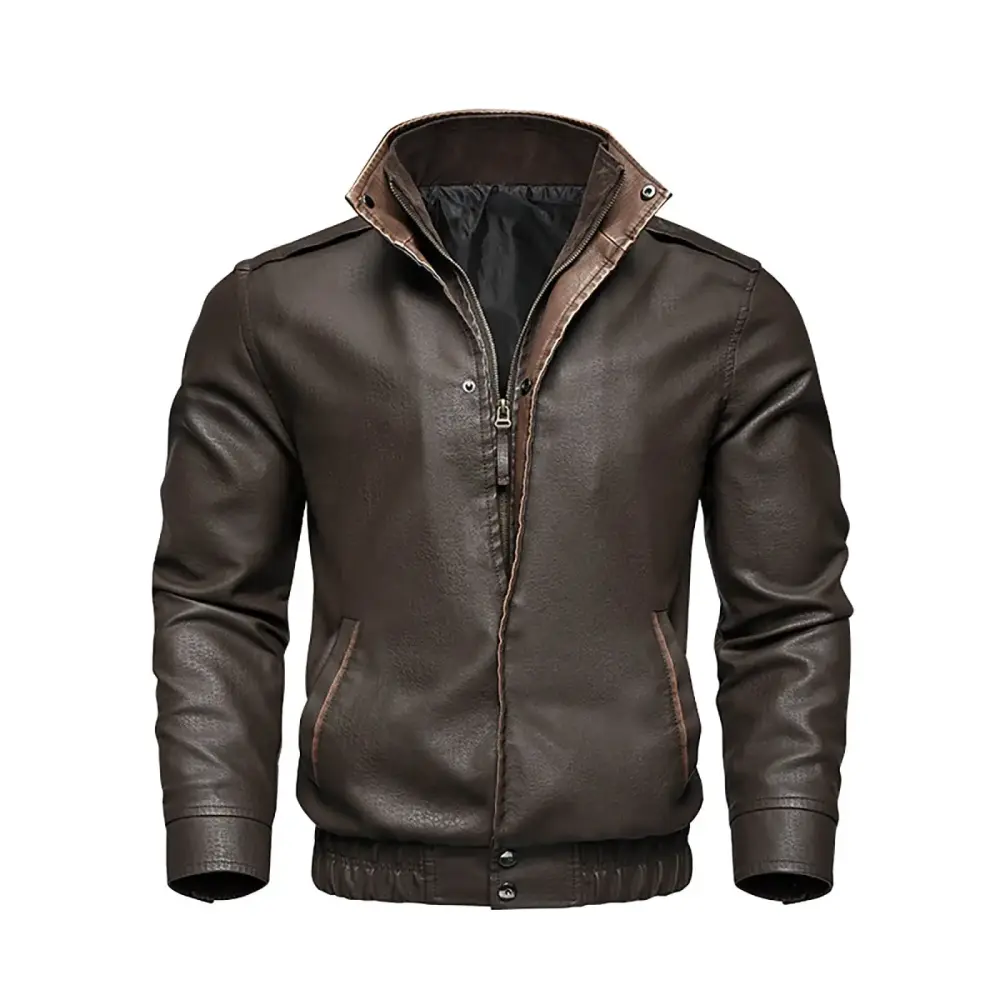 ZCFZJW Men's Casual Faux Leather Jacket Stand Collar Zip-up Stand Collar Biker Motorcycle Jackets with Pockets Brown XXL