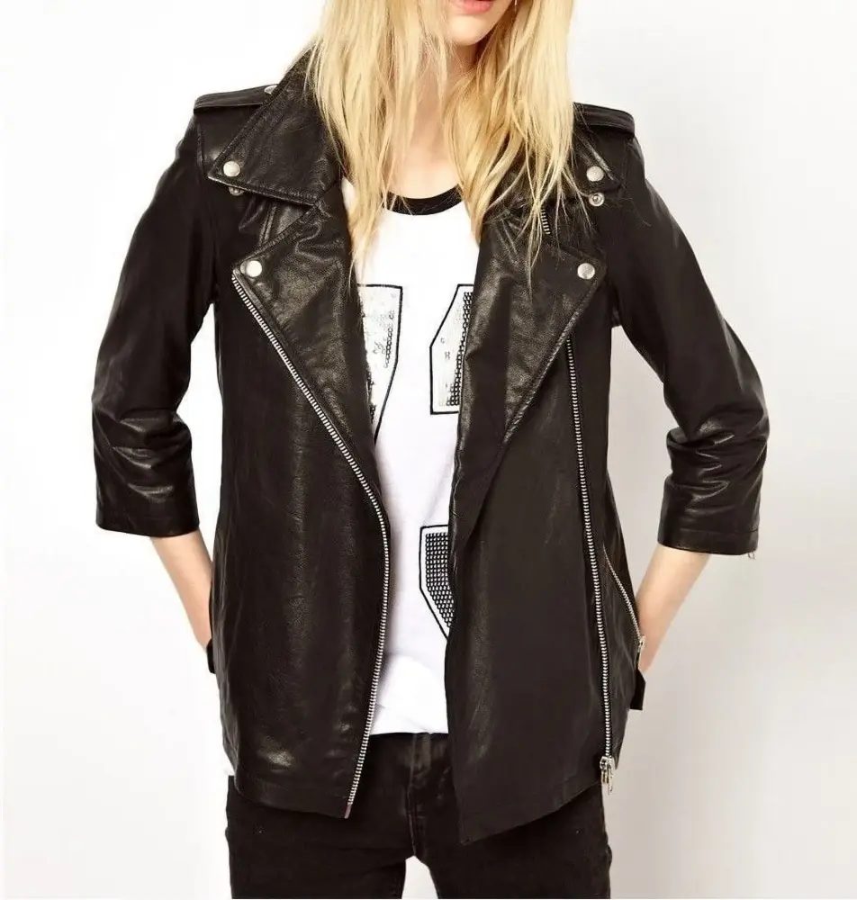 Noora Women's leather jacket with 3/4th sleeves . Biker Style Leather Jacket ST0321