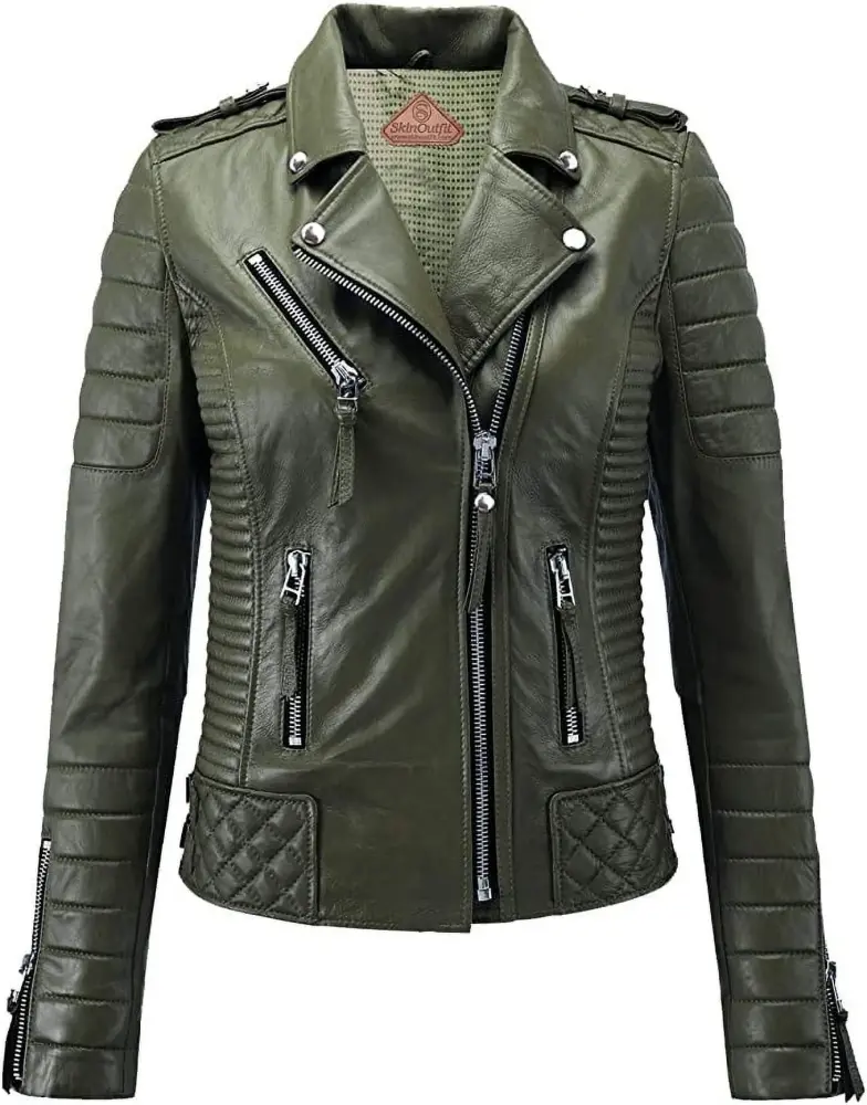 SkinOutfit Women's Motorcycle Leather Jacket Genuine Lambskin Caf�� Racer Biker Outerwear XS Olive Green