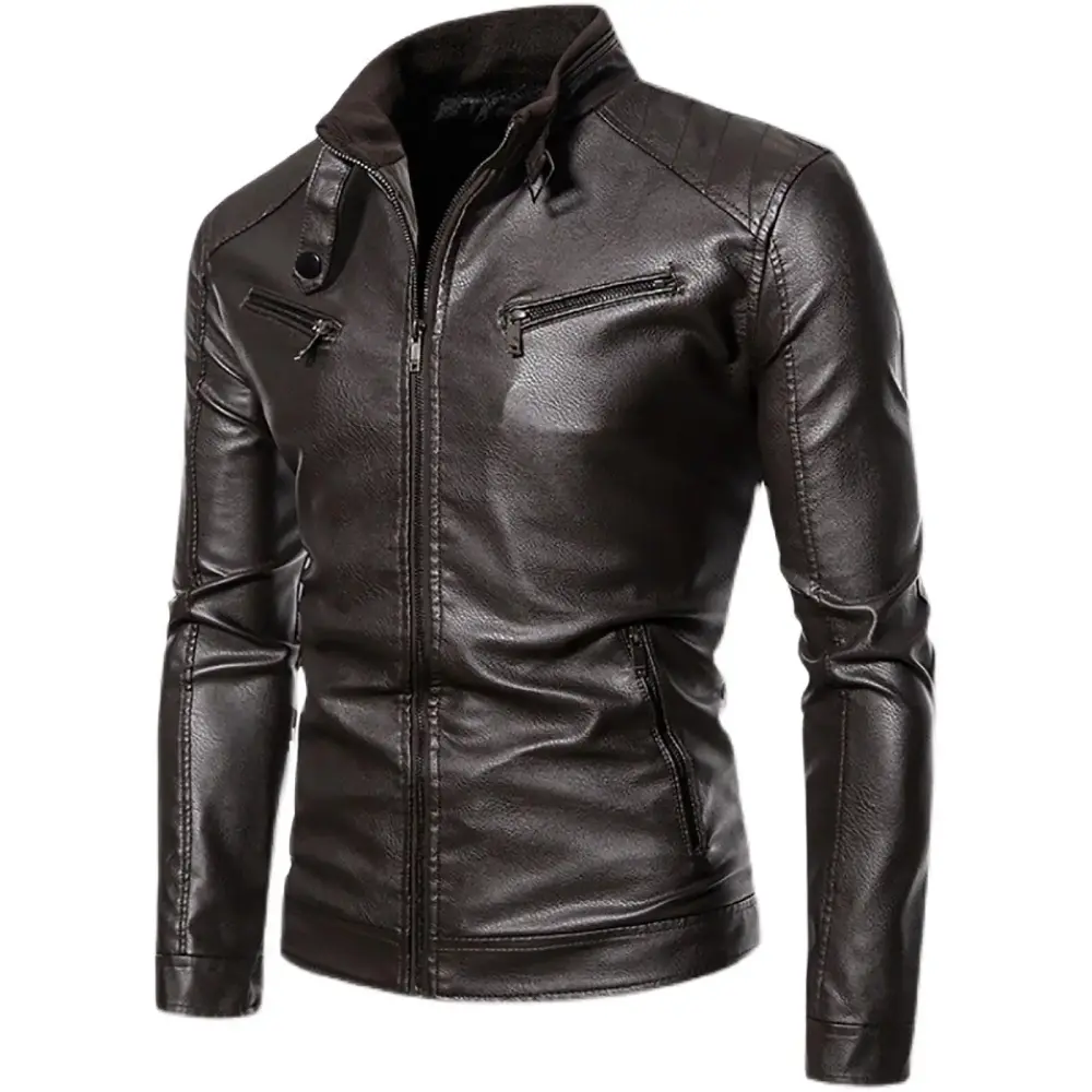 Minsida Men's Stand Up Collar Leather Jacket Lightweight Leather Motorcycle Jacket Jackets For Men Men Jacket Light Jackets For Men