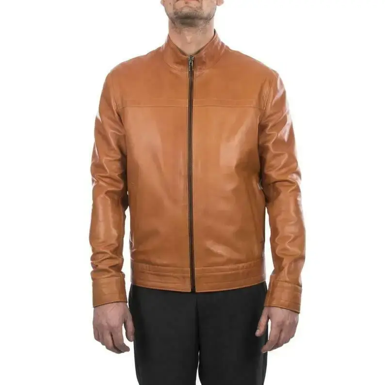 Noora New Genuine Men Lambskin Leather Tan Jacket Motorcycle Modern Biker QD54