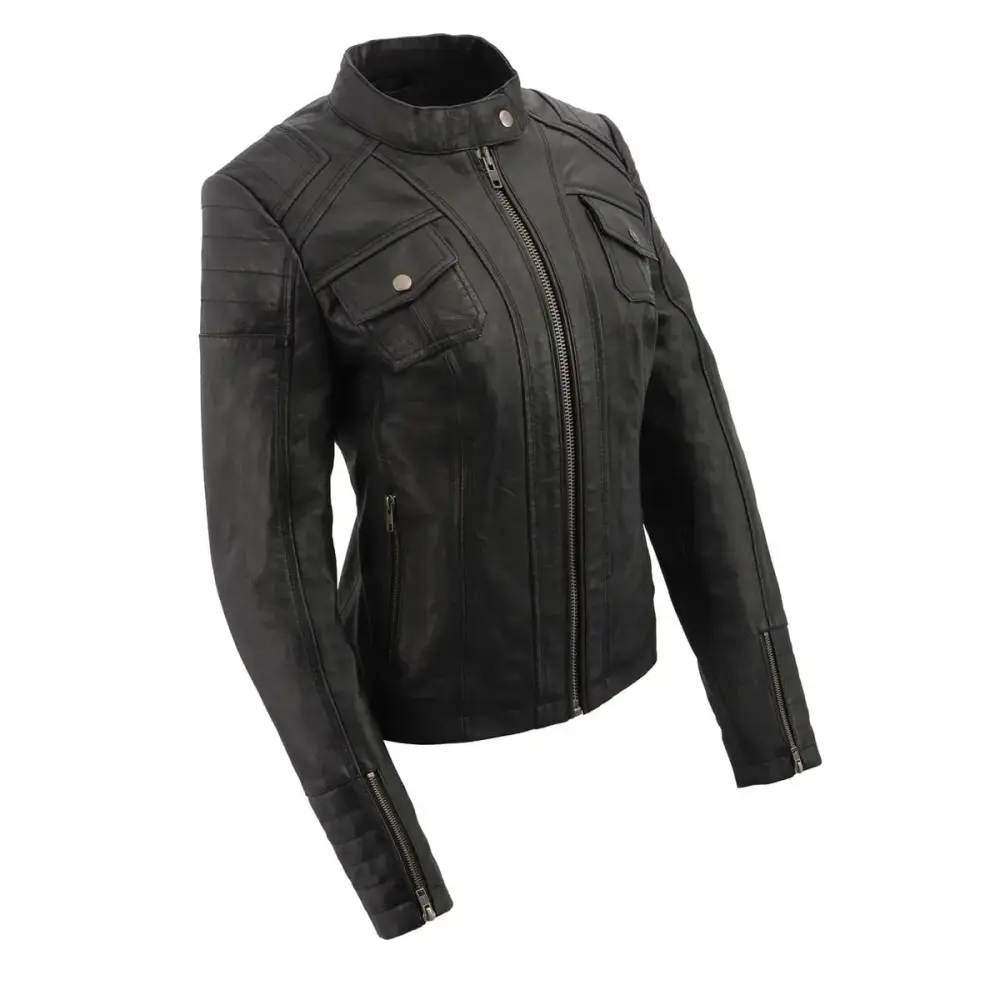 Milwaukee Leather SFL2806 Women's Quilted Black Mandarin Scuba Collar Fashion Casual Leather Jacket 2X-Large