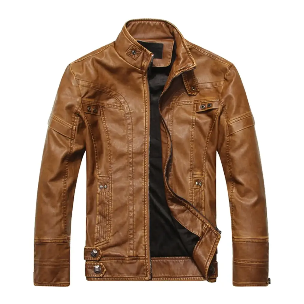 Deagia Jacket for Men on Clearance Men's Dashion Motorcycle Solid Color Retro Zipper Pocket Leather Long Sleeved Hooded Jacket Boyfriends Gifts. Khaki XXXL