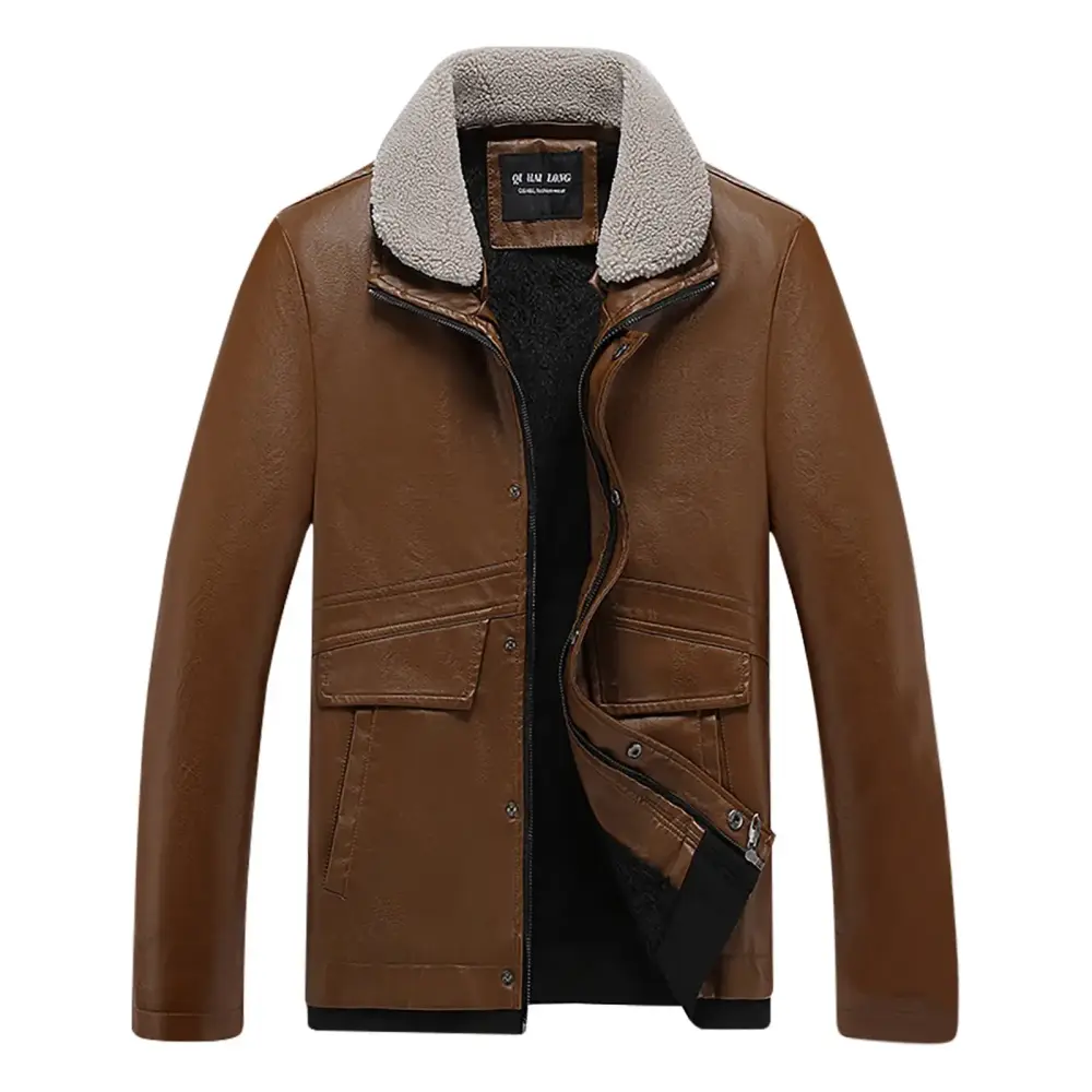 Jacket Leather Men Full Zip Fleece Jacket Men Men's Fashion Casual Thick Leather Coat Long Sleeve Stand Collar Zipper Pocket Leather Coat Warm Windproof Coat