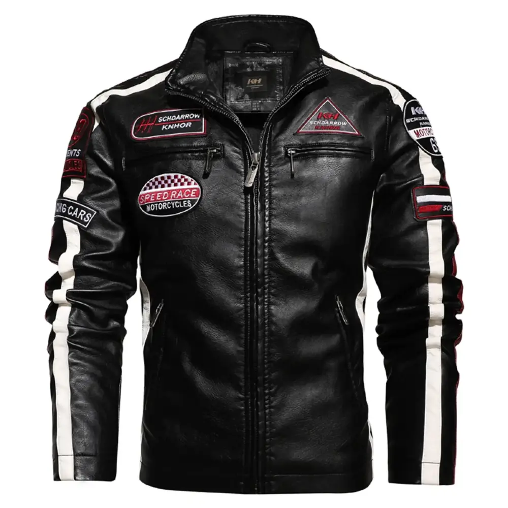 Men's PU Jacket Motorcycle Racing Suit Trendy Leather Jacket with Label Contrast Jacket