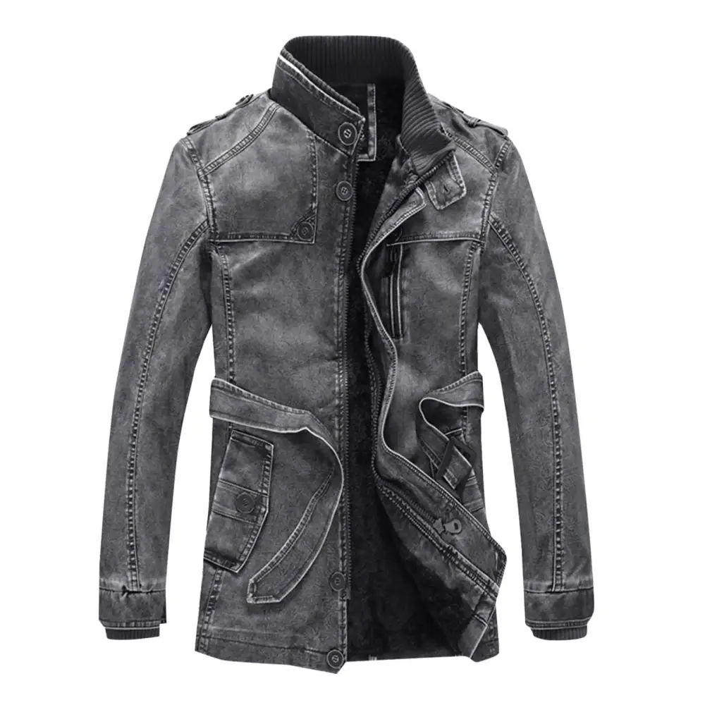 Olyvenn Deals Men Winter Leather Jacket Thicken Warm Washed Leather Bomber Motorcycle Jackets Stand Collar Coat Black 12