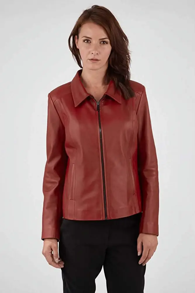SkinOutfit Women Leather Jacket Genuine Lambskin Stylish Casual Slim fit Biker Motorcycle Coat Outerwear 134 XS Dark Red