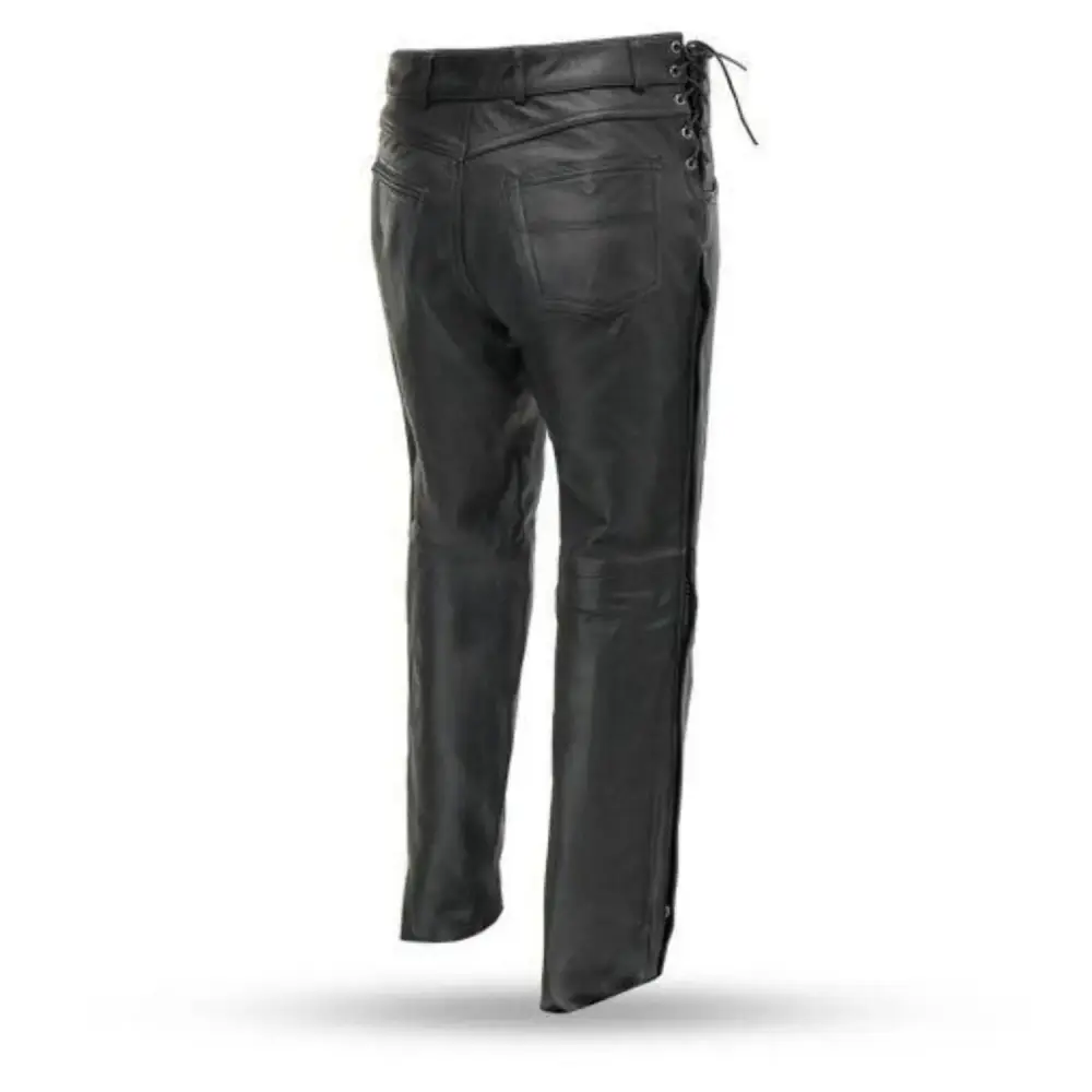 First Mfg Co - Baron - Men's Motorcycle Biker Riding Black Leather Pants - Size 30 - Side Lacing Detail Zipper Down The Legs
