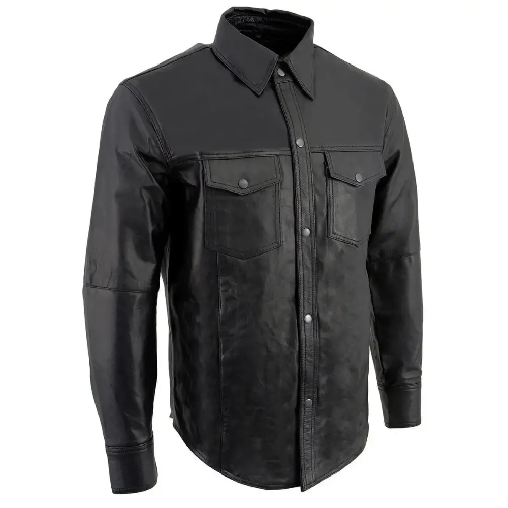 Milwaukee Leather LKM1600 Men's Black Lightweight Casual Biker Style Leather Shirt Large