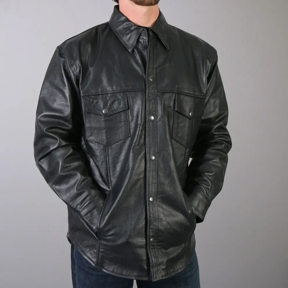 Hot Leathers LCS1001 Men's Classic Black Fashion Leather Shirt with Multiple Pockets Small