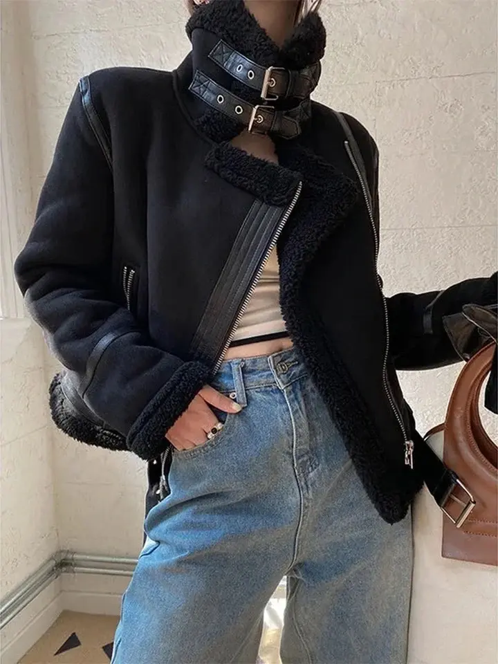 AFeng Suninheart Winter Women Thick Warm Suede Lamb Jacket Short Motorcycle Brown Coats Faux Shearling Sheepskin Leather Jackets Fall