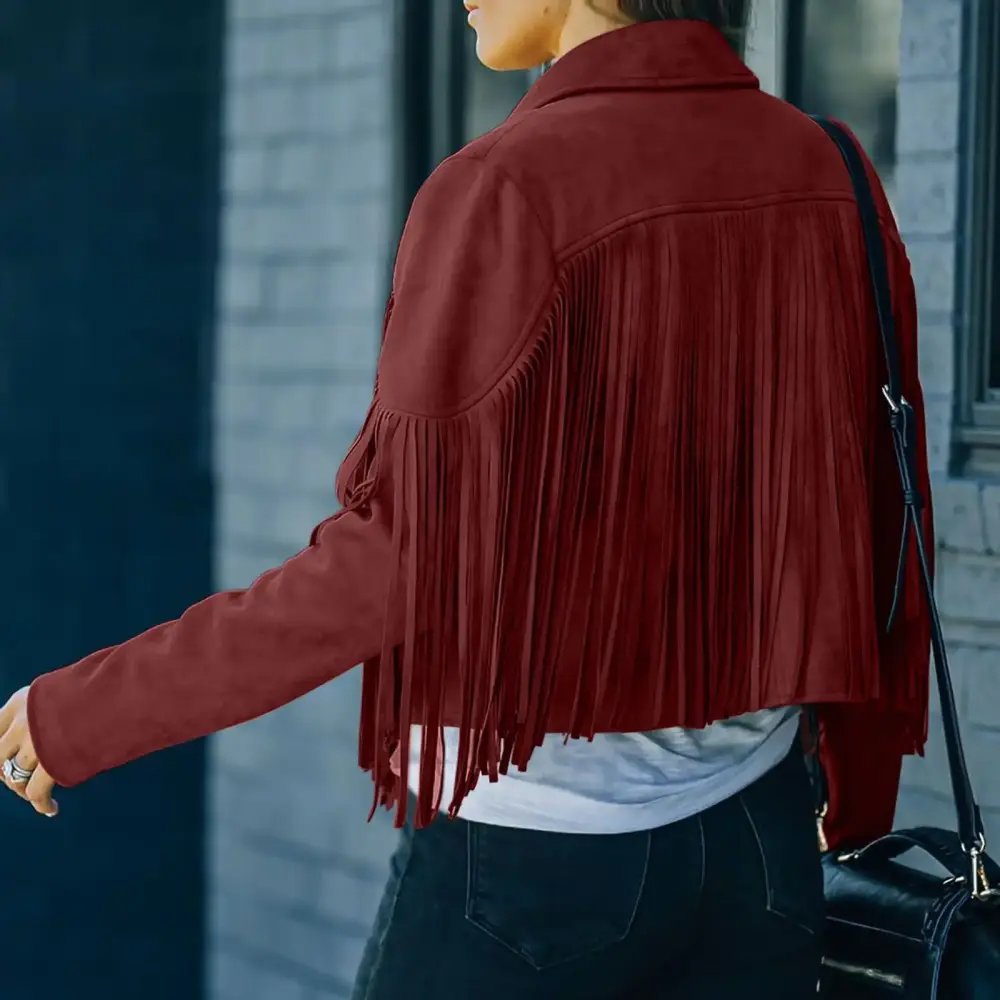 fartey Women Faux Suede Leather Jackets Retro Open Front Tassel Coat Long Sleeve Lapel Cropped Jacket Utility Motorcycle Moto Biker Jackets