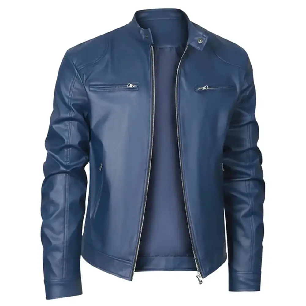 Men's Leather Coat Suit Mens Discount Stand Collar Zipper Pocket Solid Color Suit Long Sleeved Hatless Leatherwear Loose Coat Jacket Christmas Gift Blue S-4XL