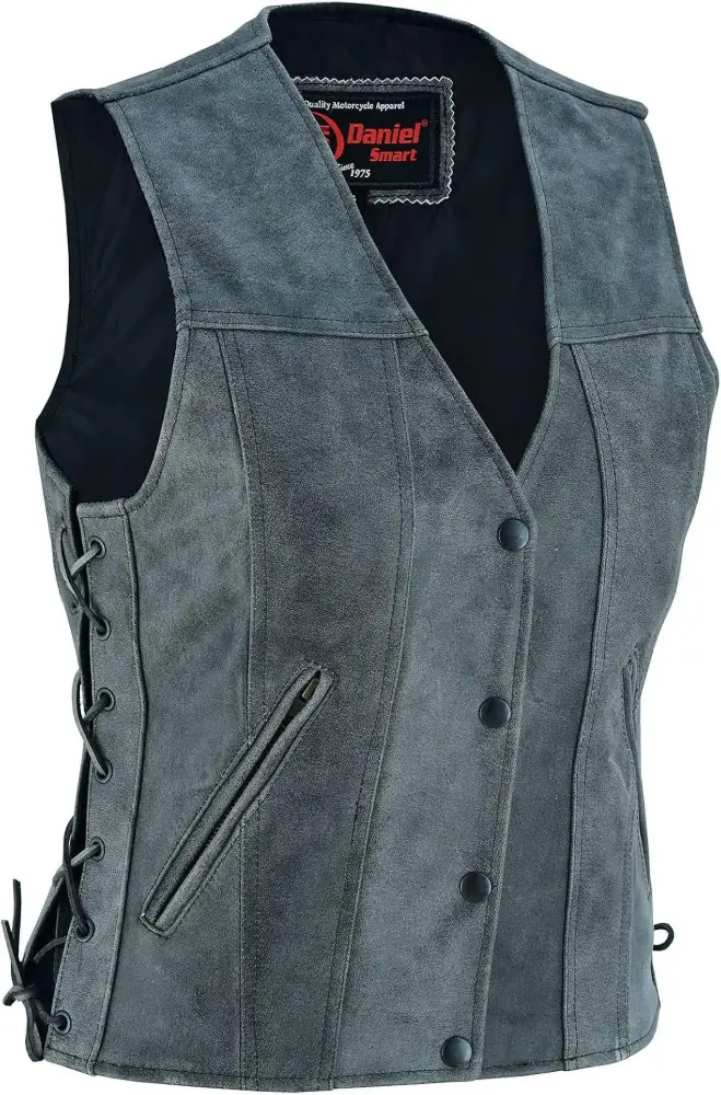Daniel Smart V Neck Women's Motorcycle Leather Vest Premium Cowhide Ladies Leather Vest with Side Laces & Armory Pockets