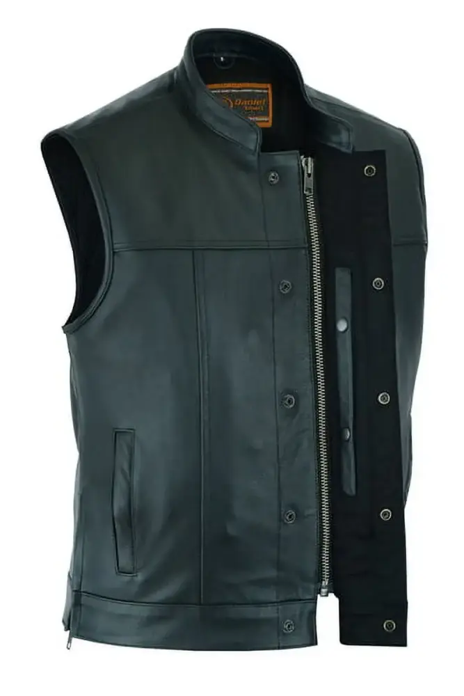 Daniel Smart Men's leather Vest - Premium Cowhide Motorcycle Leather Vest with Unique Scoop Collar Design and Armory Pockets