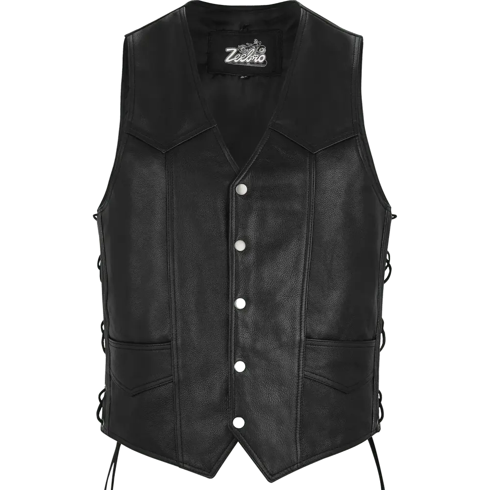 Zeebro Men's MC-03 Classic Black Leather Bikers Vest with Adjustable Lacing Size 44