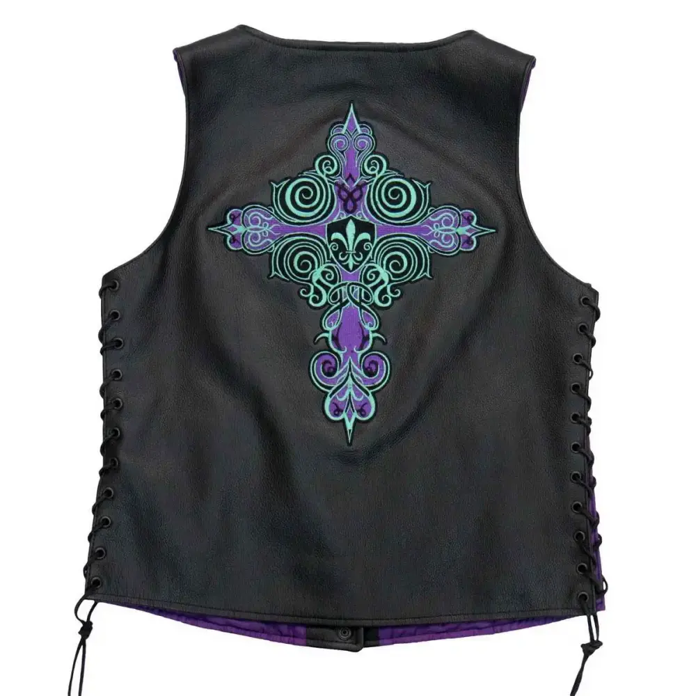 Hot Leathers VSL2001 Ladies Black 'Fleur De Lis Cross' Leather Vest Small