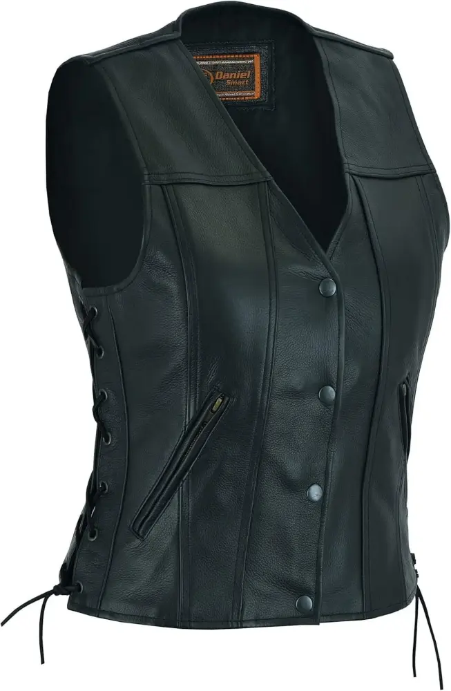 Daniel Smart V Neck Women's Motorcycle Leather Vest Premium Cowhide Ladies Leather Vest with Side Laces & Armory Pockets