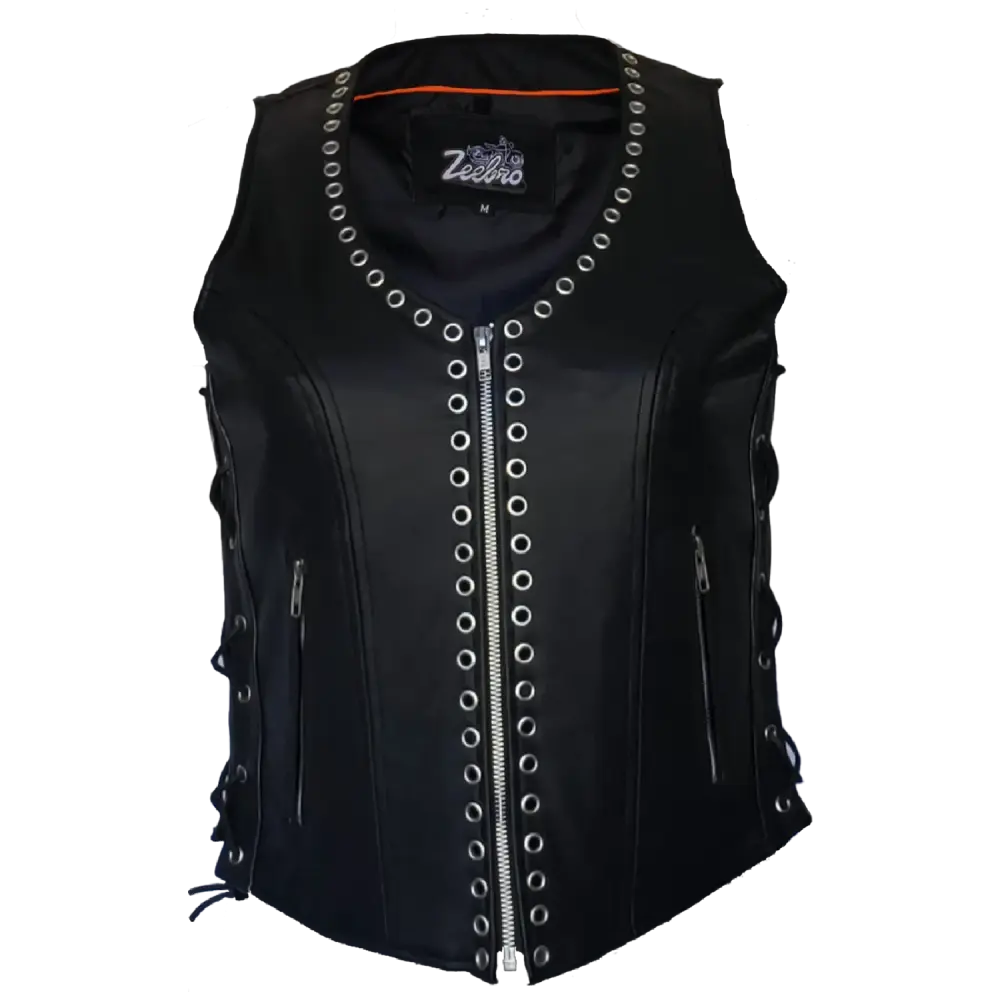 Zeebro Women's ANC�C301 Black Leather Vest with Adjustable Lacing and Eyelets Size M
