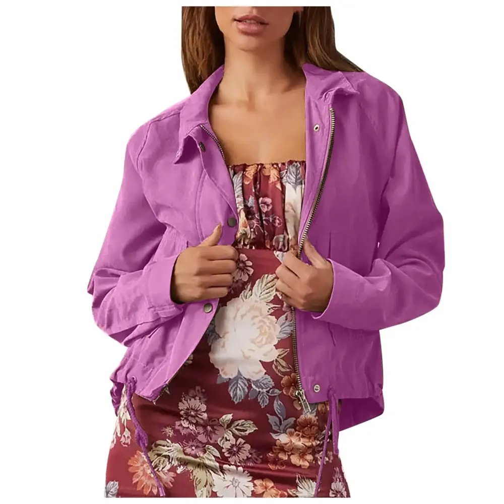 Ediodpoh European and Women's Autumn Jacket �� Velvet Motorcycle Style Simple Button Long Sleeved Lightweight Coat Jackets for Women Hot Pink L