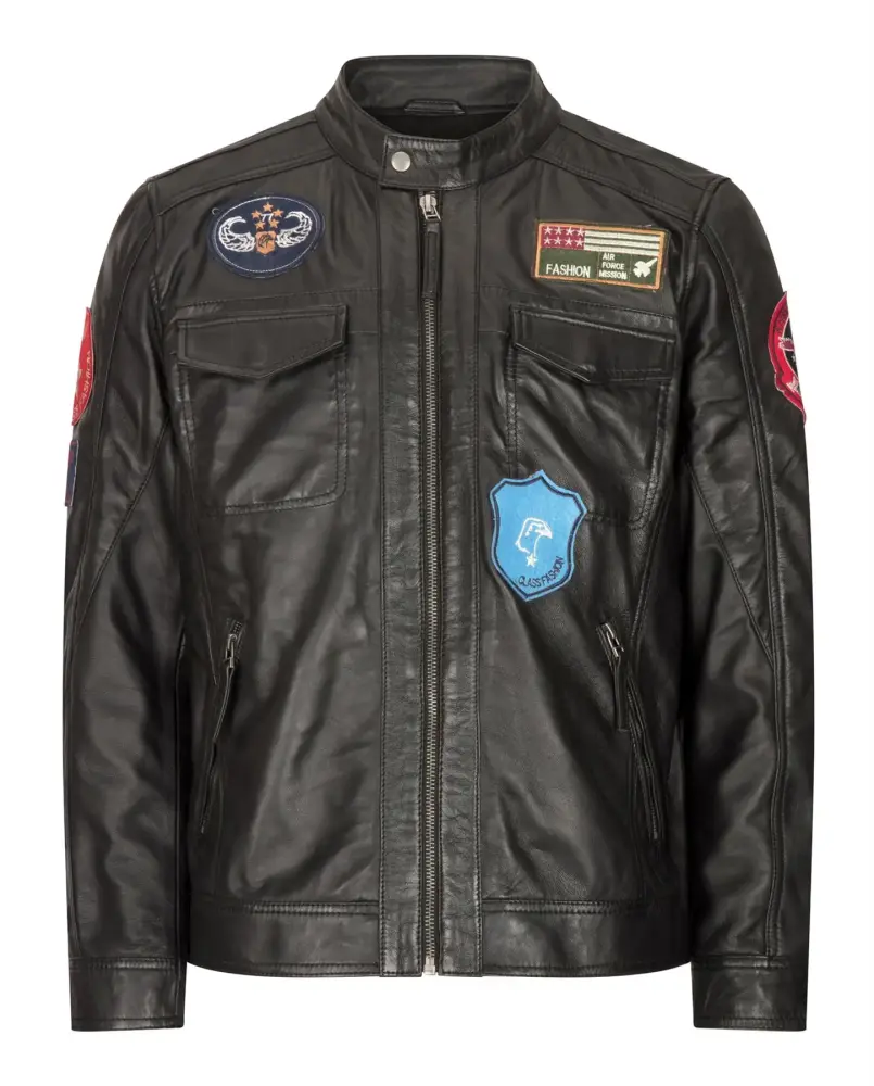 Men Black Leather Jacket Badge Racing US Pilot | TruClothing