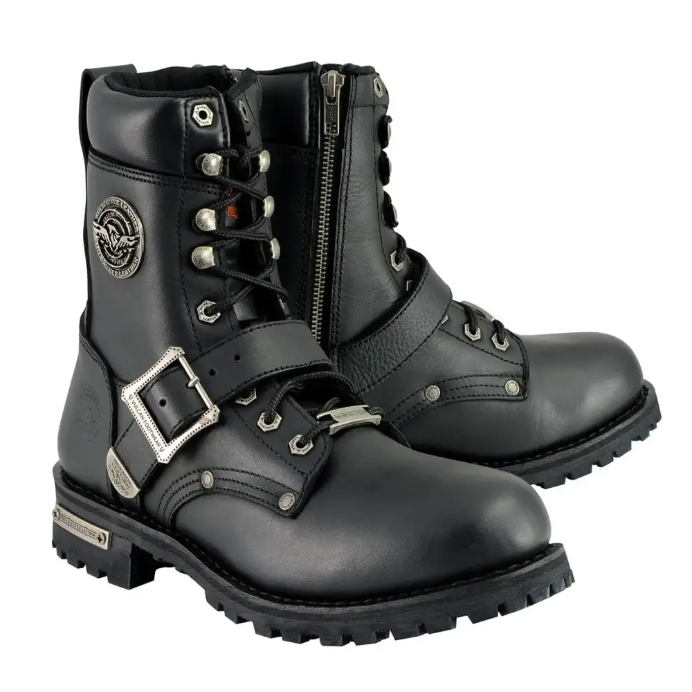 Milwaukee Leather MBM101 Men's Black Leather Lace-Up Engineer Motorcycle Boots w/ Buckles and Side Zipper Entry 15