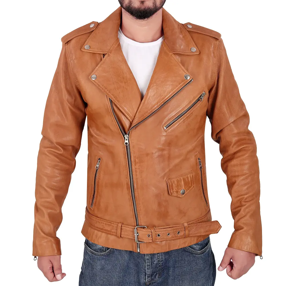 Qawach Men Pure Genuine Leather Jacket Lambskin Winter Vintage Motorcycle Biker. Bella Brown. XS