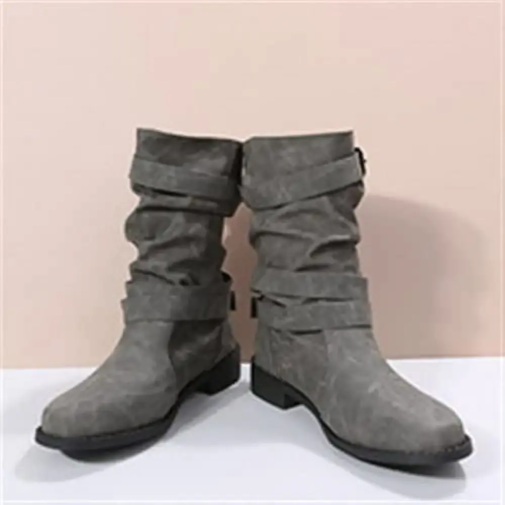 XWQYRG Women's Mid Calf Boots Pleated Buckle Comfort Flat Boots Fashion Retro Stacked Heel Booties Shoes Vintage Casual Ankle Boots for Women