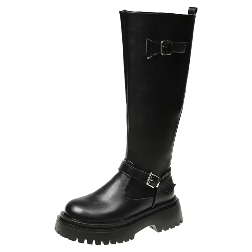 ZAROYEAX Thick Soled Mid Length Boots for Women's Season New Belt Buckle Long Boots Tube Boots Motorcycle Boots Retro Women's Boots