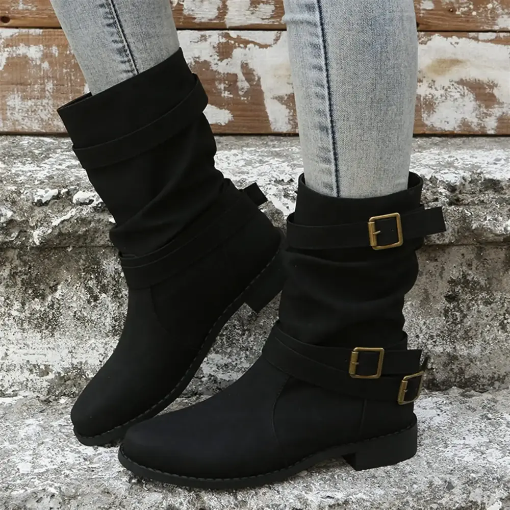 ZWQZSS Women's Mid Calf Boots Pleated Buckle Comfort Flat Boots Fashion Retro Stacked Heel Booties Shoes Vintage Casual Ankle Boots for Women