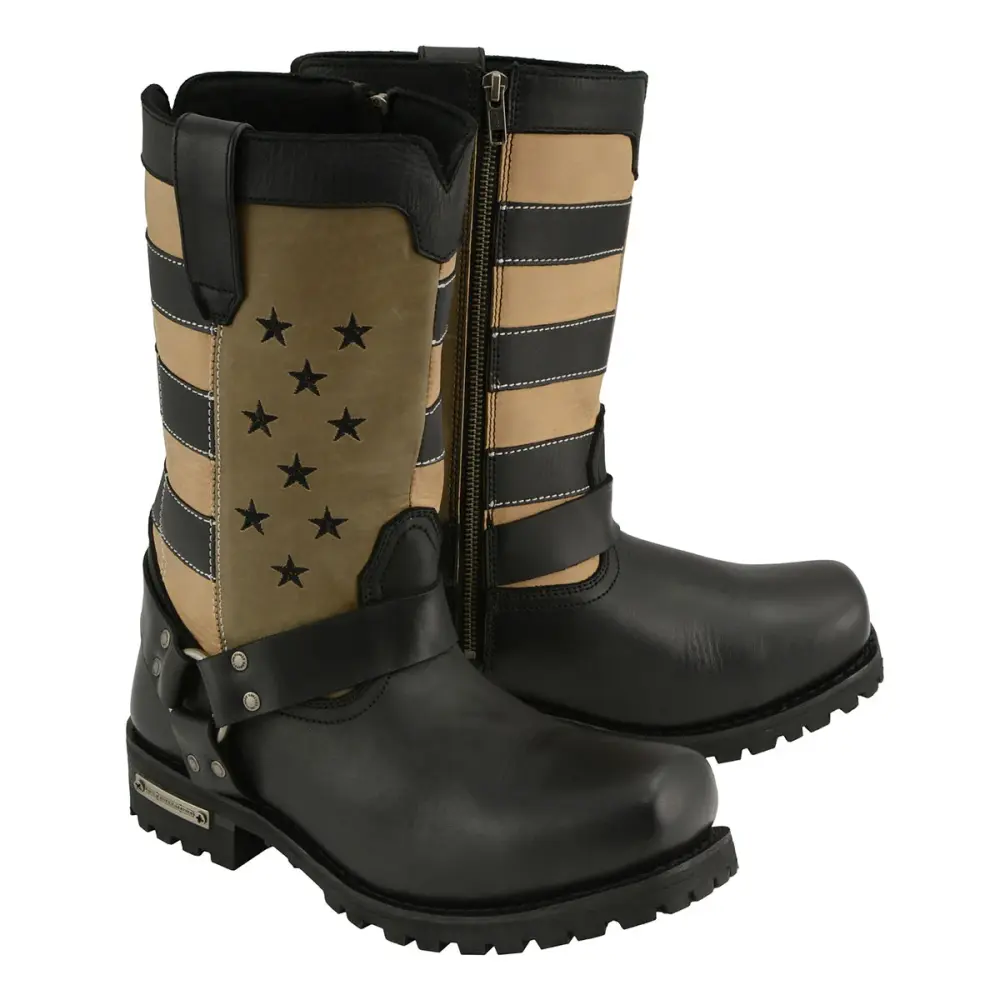 Milwaukee Leather MBM9045 Men's 'Stars and Stripes' Black with Tan Motorcycle Rider Harness Boots 7