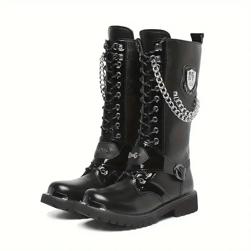ASWMXR Men's Vintage Motorcycle Boots Anti-skid High-top Lace-up Boots With Buckle And Metal Chain Decor For Outdoor Autumn And Winter